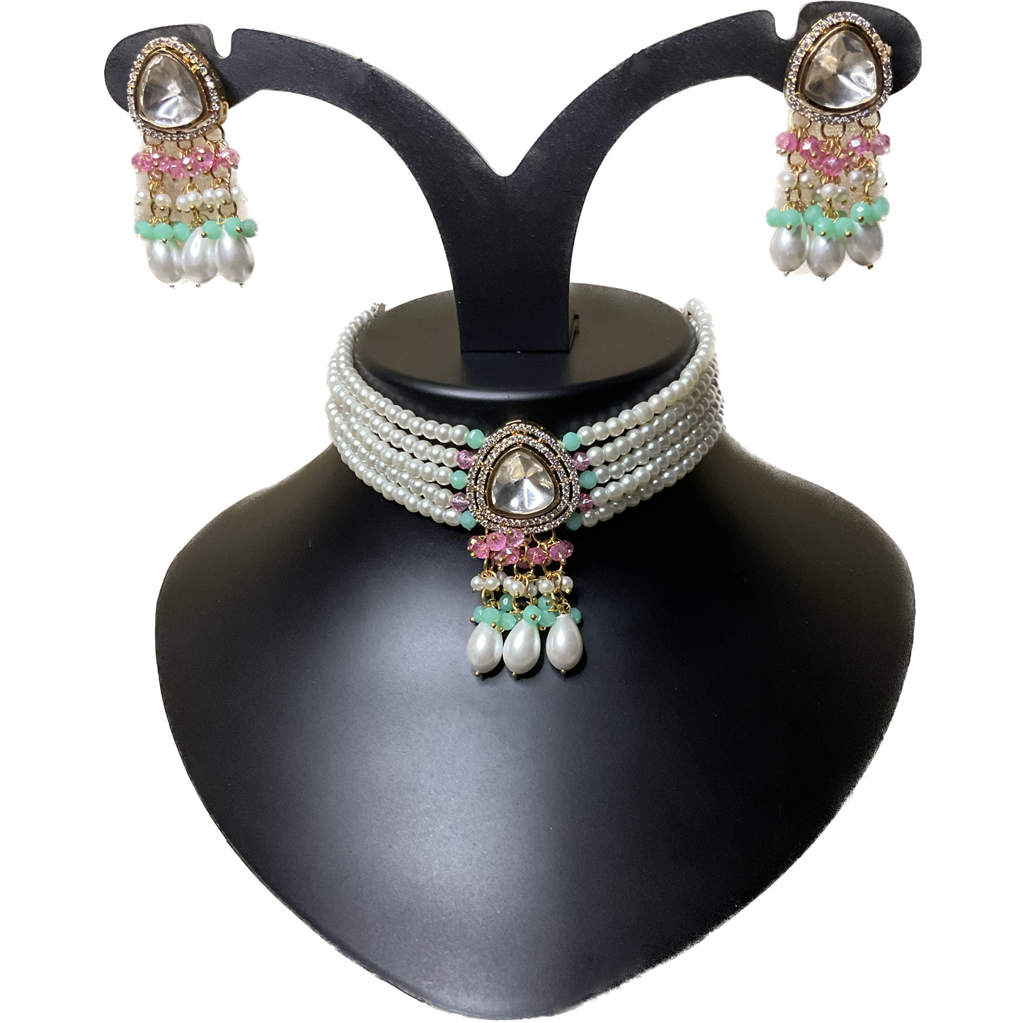 Pink/Mint Polkhi Pearl Choker Set