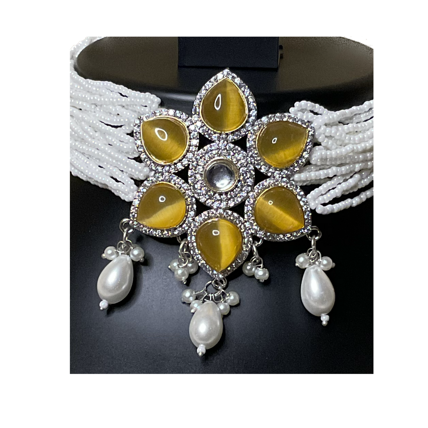 Mustard Malti Polkhi Pearl Choker Set