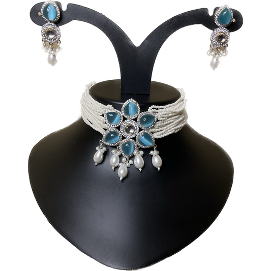 Turquoise Malti Polkhi Pearl Choker Set