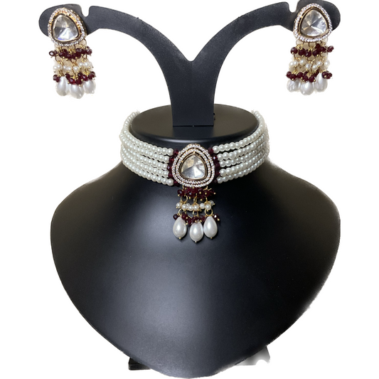 Burgundy Polkhi Pearl Choker Set